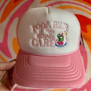 CC Beanie Light Pink Trucker Hat with Custom Embroidery “Pool Hair Don’t Care”